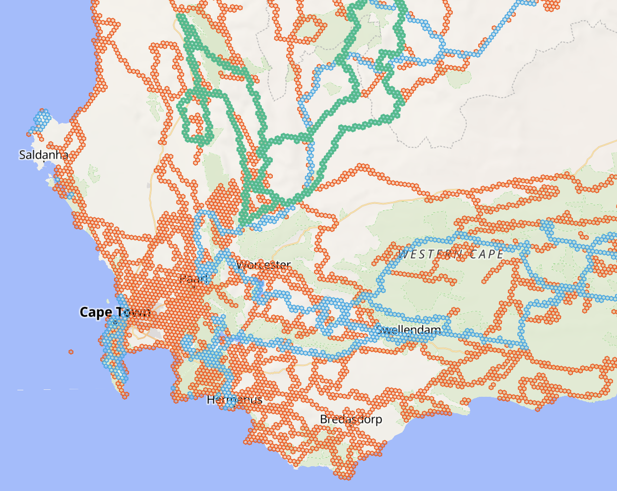 Hexplora map showing exploration hexagons