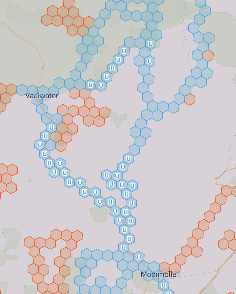 Map showing blue hexagons with U markings indicating unique exploration